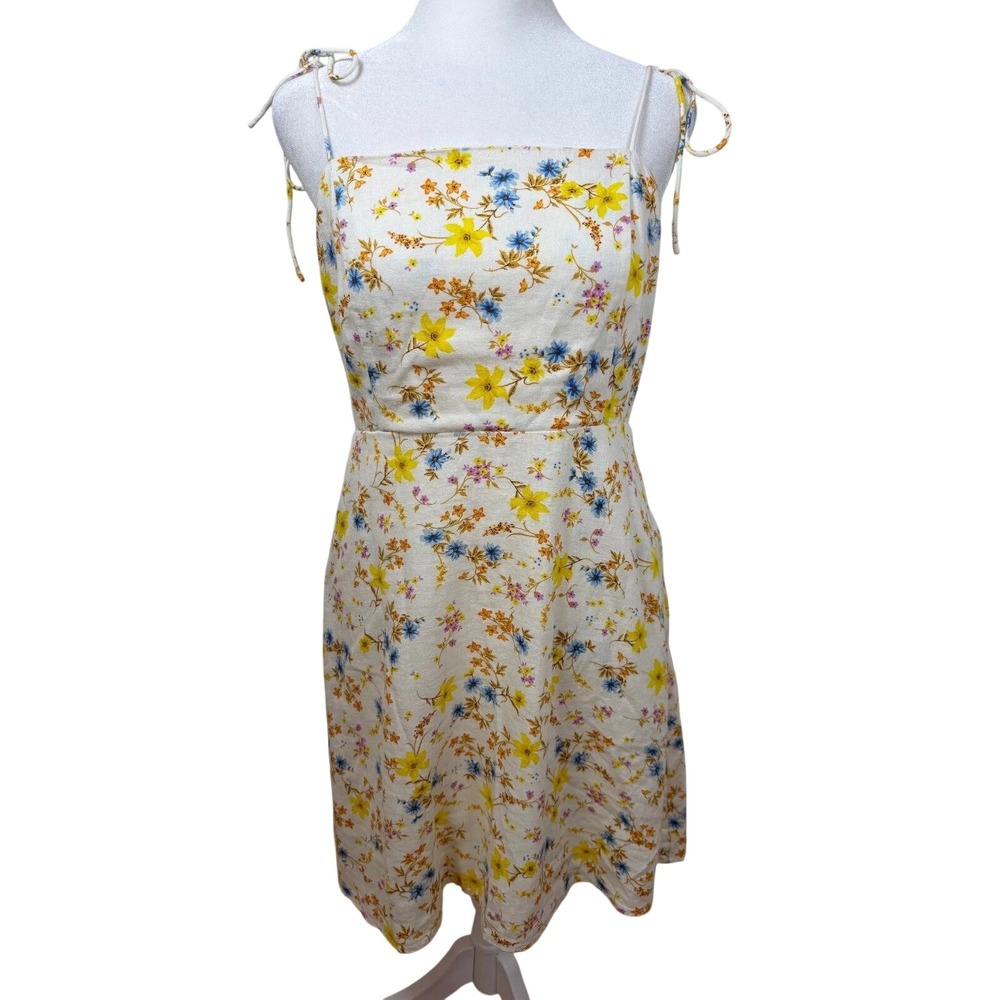 Old Navy Womens Floral Linen Blend Smocked Back Tie Strap Mini Dress White Sz M